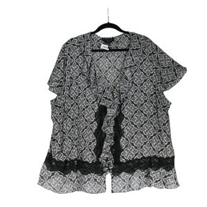 NY City Design Blouse Womens Size 4X Button Sheer Black White Lace and Ruffles